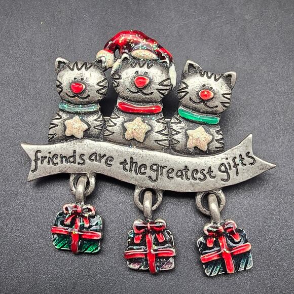 AJMC Christmas Cat Brooch for Friend Friends Are Greatest Gift Holiday Jewelry - Picture 1 of 6